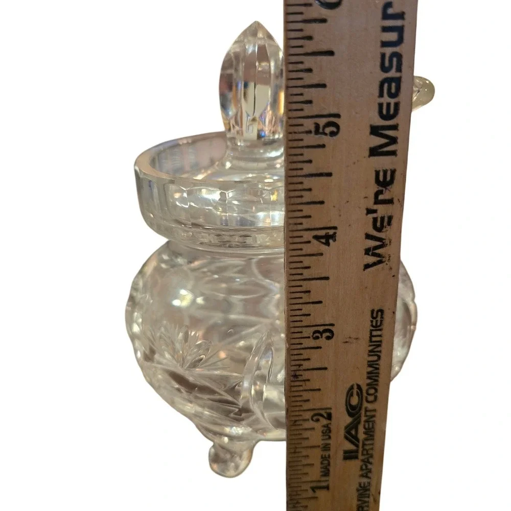 Vintage ICrystal Cut Glass Honey Jam Jar 3 Legged‎ Pot with Lid & Spoon